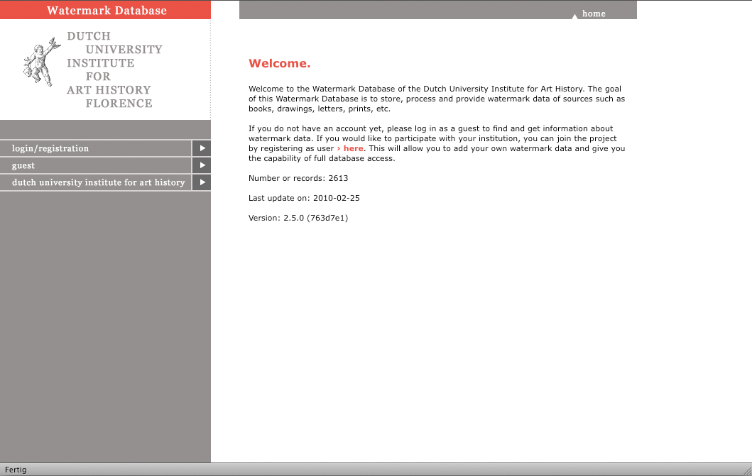 Screenshot der Wasserzeichendatenbank des Niederländischen Kunsthistorischen Instituts zu Florenz
